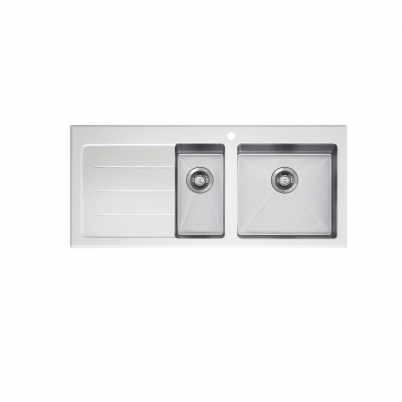 Neko Lux Sink 1110x520mm with Tempered White Glass Top 1+1/2 Right Hand Bowl 1TH Satin SS